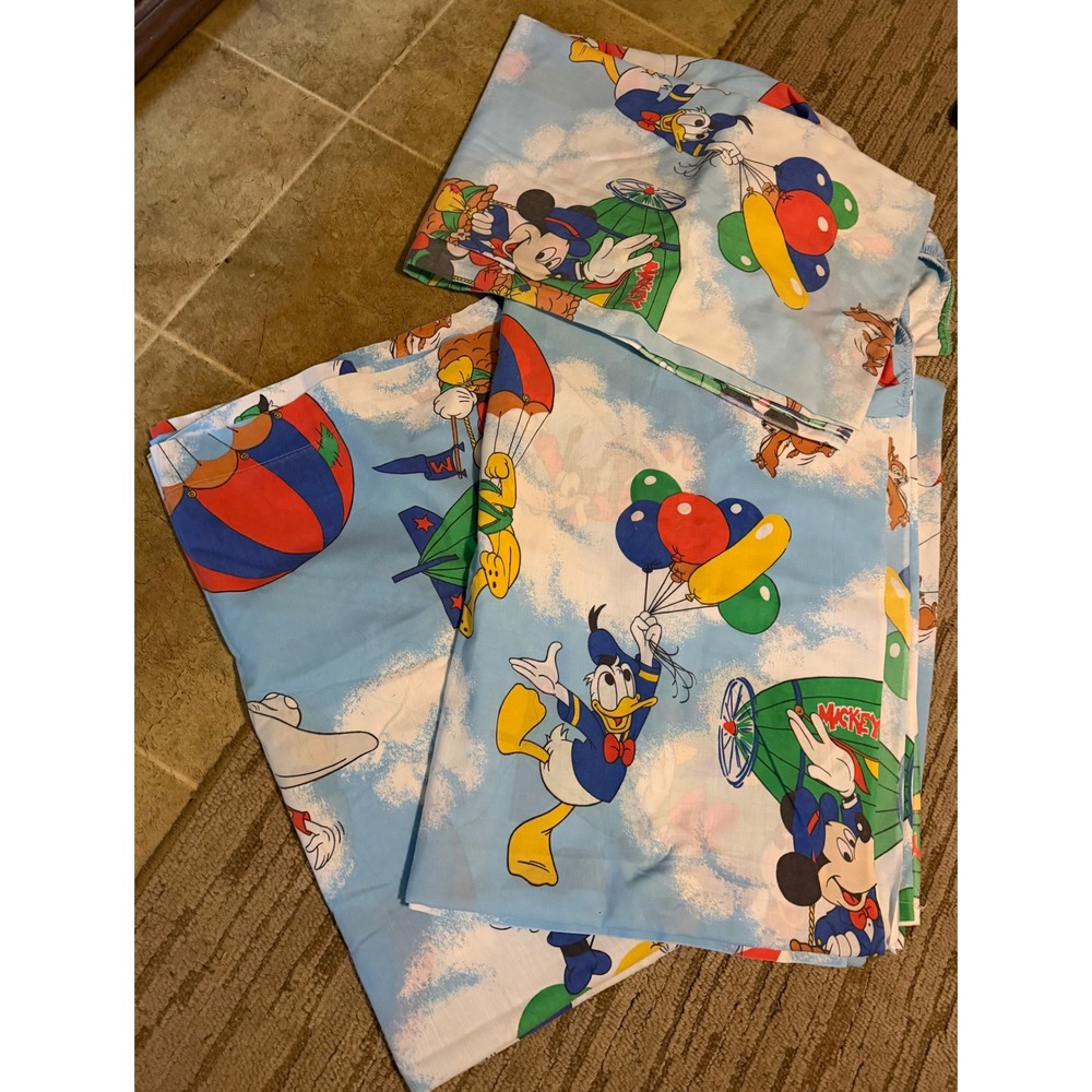 VTG 5pc Disney Mickey Air Mobile Twin Sheet Set Pacific Dumbo Donald Duck Blue